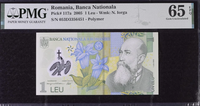 Romania  1  leu  2005  Polymer Pick 117a  Gem Uncirculated PMG 65 EPQ