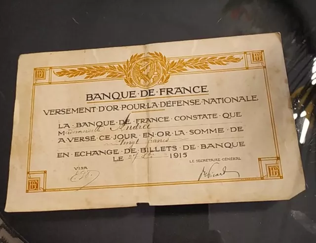 Banque de France  Récépissé versement Or en échange de billets 1915 WW1 1914-18