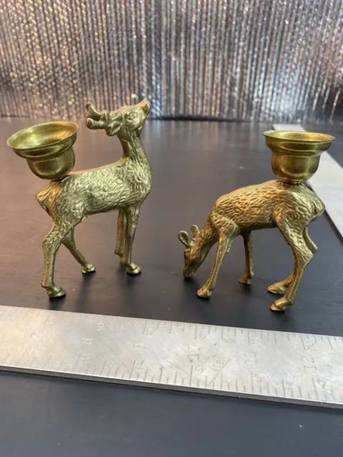 Vintage Brass Deer Reindeer Taper Candle Holders Figurines