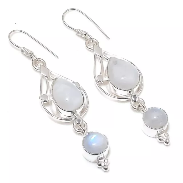 Rainbow Moonstone Gemstone Handmade 925 Sterling Silver Jewelry Earring Sz 2.2"