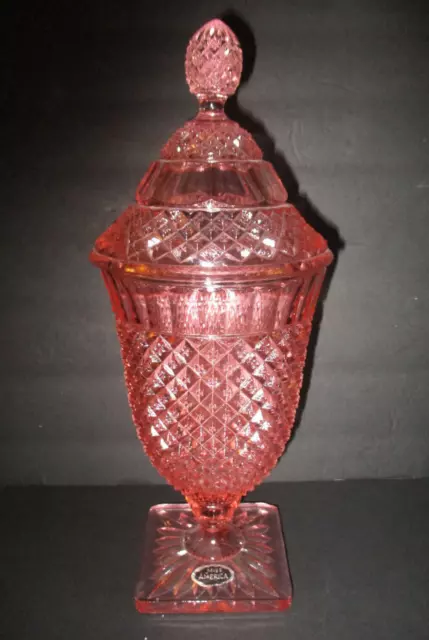 Pink Miss America Crystal Tall Footed CANDY DISH wLid, w STICKER  Anchor Hocking