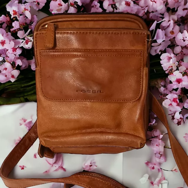 Vintage Fossil Crossbody Bag Cognac Tan Leather Pockets Shoulder Purse Wallet
