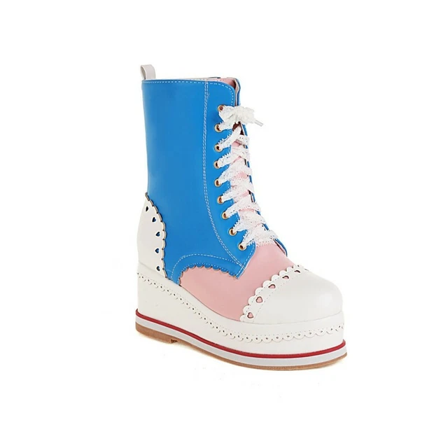 10 Colors Women's Brogue Lace Ups Hidden Wedge Heel Zip Up Casual Ankle Boots L