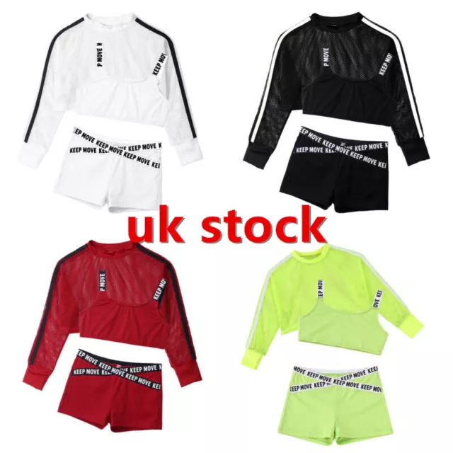 UK Girls Street Dance Outfit 3Pcs Athletic Tracksuit Top Sweatshirt Booty Shorts