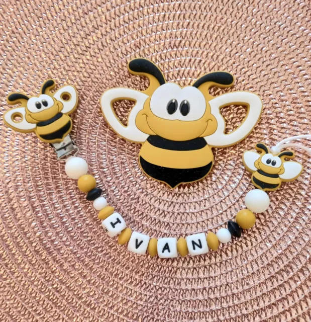 Attache tetine personnalisée Abeille 🐝 silicone et anneau de dentition 🐝