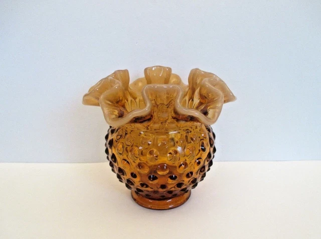 Fenton Dark Amber Hobnail Vase with Opalescent Rim, Signed