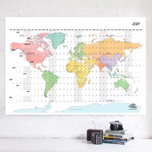 Wall Calendar Study Planner 2024 Color A1 World Map Poster