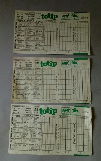 Schedina TOTIP Schede LOTTO DI 3 nuove 1994 (concorso 19,22,24)