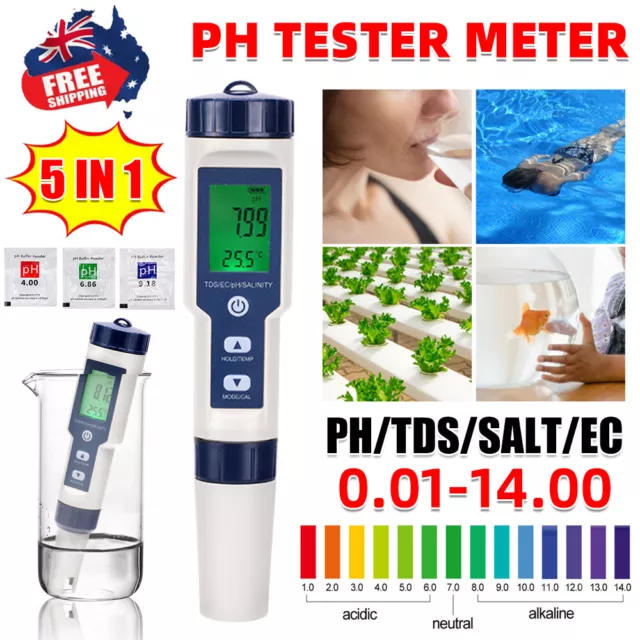 5 in 1 Digital Monitor PH Meter TDS/EC/Salinity/Temperature Hydroponics Tester