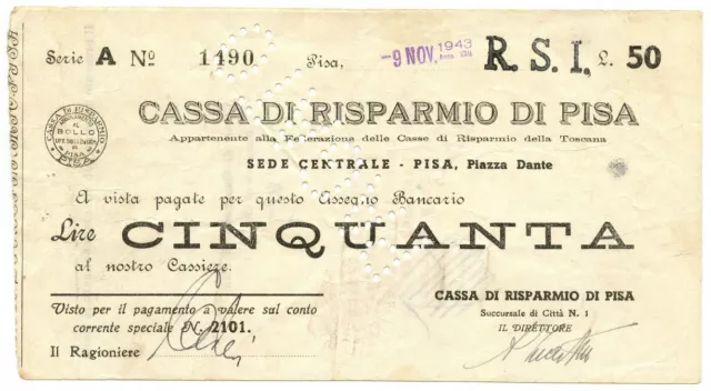 50 LIRE CASSA DI RISPARMIO DI PISA ASSEGNO A TAGLIO FISSO RSI 06/11/1943 qBB
