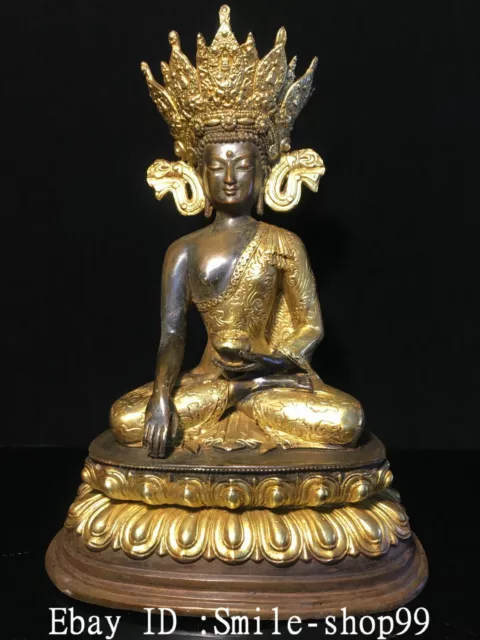 11.6" Old Tibetan Bronze Gild Shakyamuni Sakyamuni Amitabha Buddha Statue