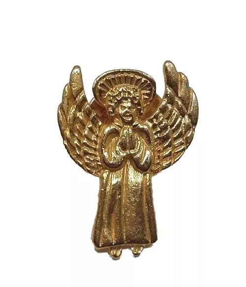 Praying Winged Angel Lapel Pin Gold Tone Metal Christian Jewelry