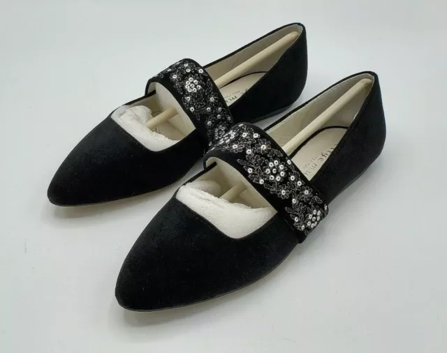 Bettye Muller Embroidered Strap Pointed Toe Black Velvet Shoes Women's US 7 NEW