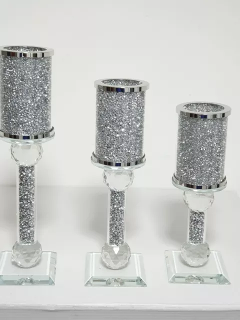 Candle Holder Set of 3pcs Silver Crystal Home Decor Design Crushed Diamond UK