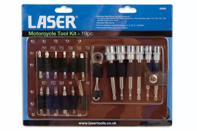 Laser Tools 5068 Motorcycle Motorbike Tool Kit 19pc Ratchet Bits Long +Wallet CH