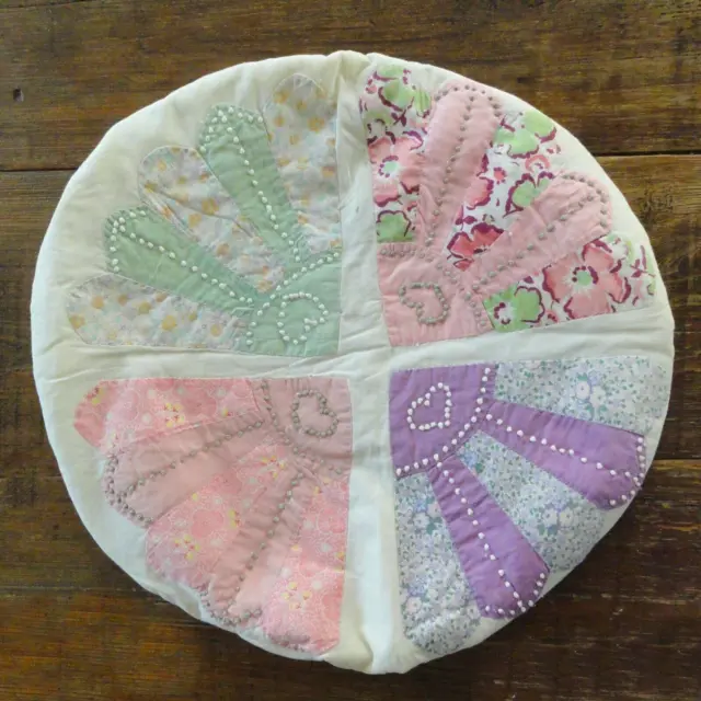VTG Handmade Candlewick Fan Quilt Toilet Seat Cover Pink Lavender Green Hearts