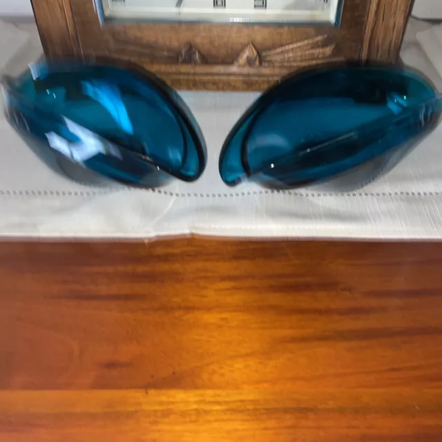 Pair Vintage Sowerby Glass Posy Bowls 2761 , 1960’s Oval Clam shape Teal