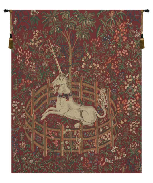 Unicorn In Captivity Red Woven Jacquard Decorative Belgian Tapestry Wall Hanging