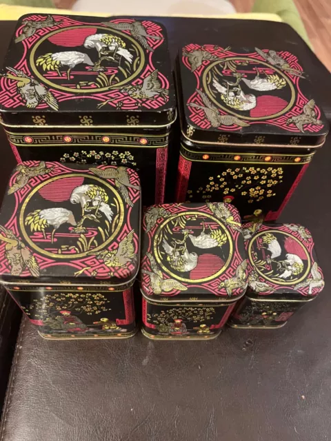 🔥Asian Tin Set. For Tea or Other Items. 5 Matching Pieces. Various Sizes.