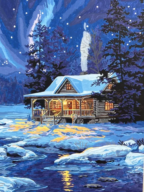 PBN Paint by Number Moonlit Cabin Completed 16 x 20 Unframed Cabin Woods Winter