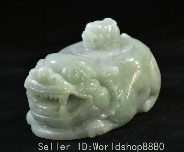 3" ancient Chinese hetian jade emerald carving Pi Xiu Mother and beast kettle