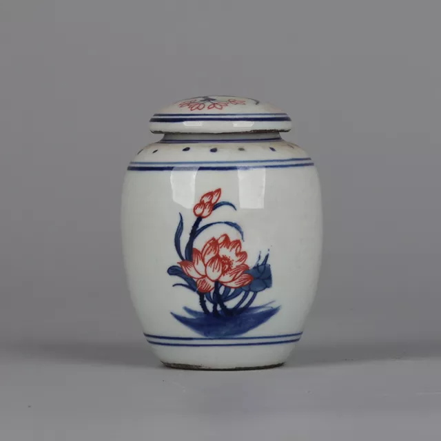 Chinese Blue & White Porcelain Qing Guangxu Red Lotus Design Pot Tea Caddy 4.13"