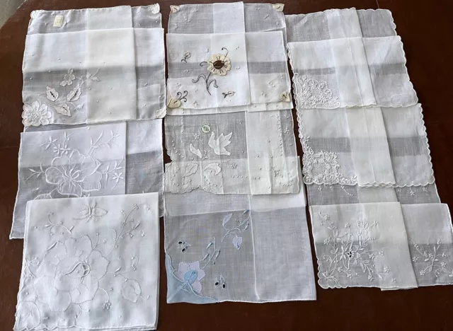 Lot of 9 Beautiful Vintage Embroidered Hankies Madiera Irish Linen NOS Wedding