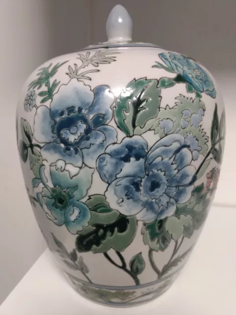 20th Century Macau Chinese Floral Blue Peonies Ginger Jar Stunning Signed