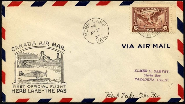 CANADA 301a LETTER, 17.8.1937, First Flight HERB LAKE-THE PAS, Magnificent Letter, Müller 30
