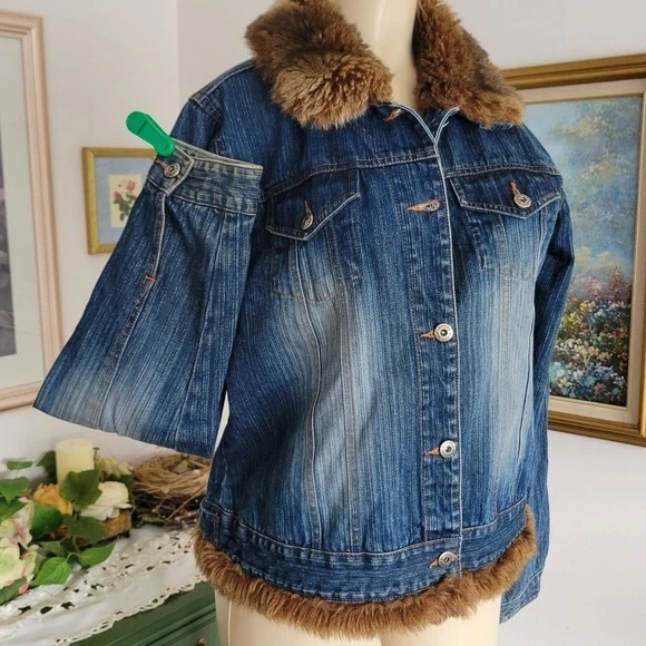Route 66 Vintage Y2K Dark Blue Stone Wash Penny Lane Faux Fur Trim Denim Jacket