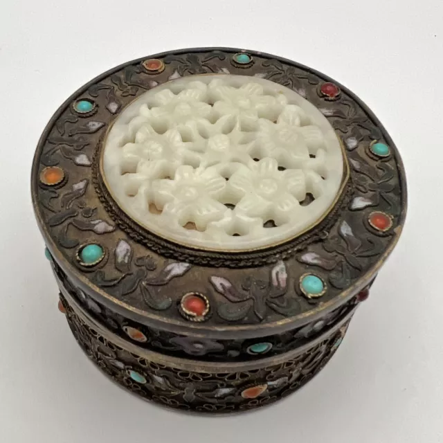 Antique Oriental Jeweled Enameled Gilt Trinket Box W/ Carved Jade