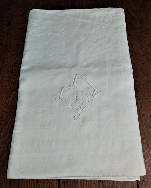 Biancheria Antico Tovaglia Lino Damascato Ricamato Iniziali CD 240 X 280 CM