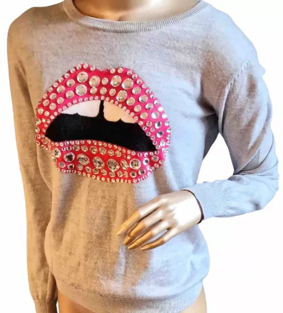 MARKUS LUPFER Jewelled Lara Lip Pullover Light Grey & Pink Merino Wool UK 8/10