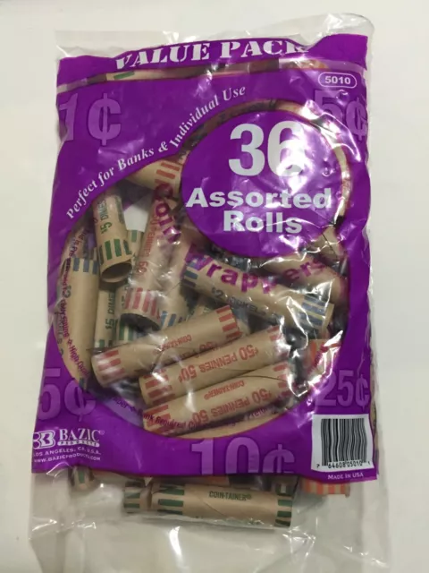 36 Preformed Assorted(Pennies, Nickels, Dimes, Quarters)Bag Coin Wrappers Rolls