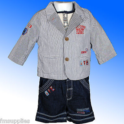 Boys 3 Piece Suit Blazer T-Shirt Summer Jacket & Navy Shorts Set