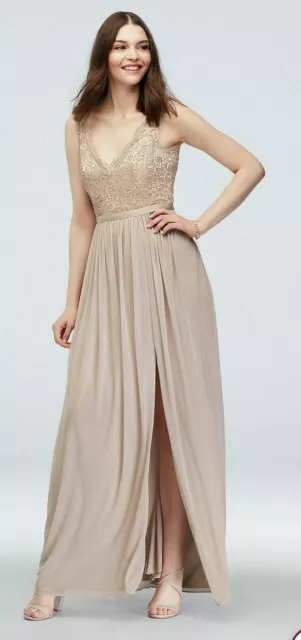 V Neck Tank Slit Leg Lace Bridesmaid Dress David's Bridal Prom Party Gold Mother