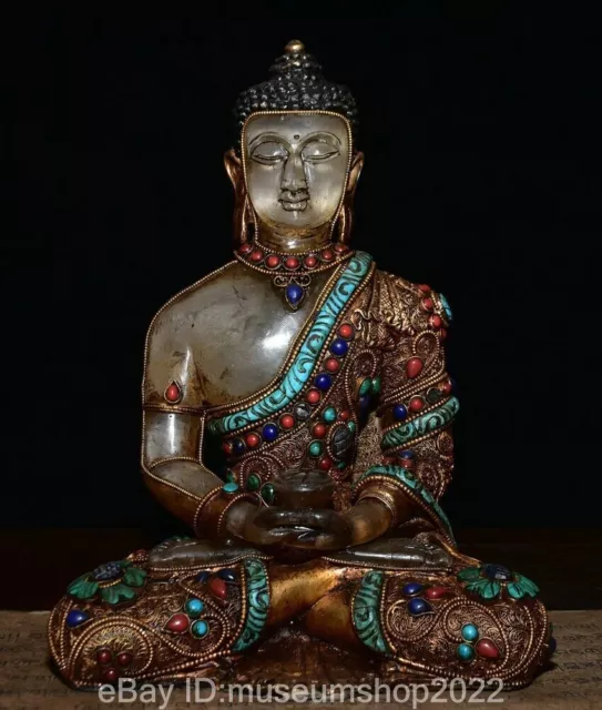 9.8 " Old Tibet Buddhist temple Bronze crystal gem inlay Amitabha Buddha statue
