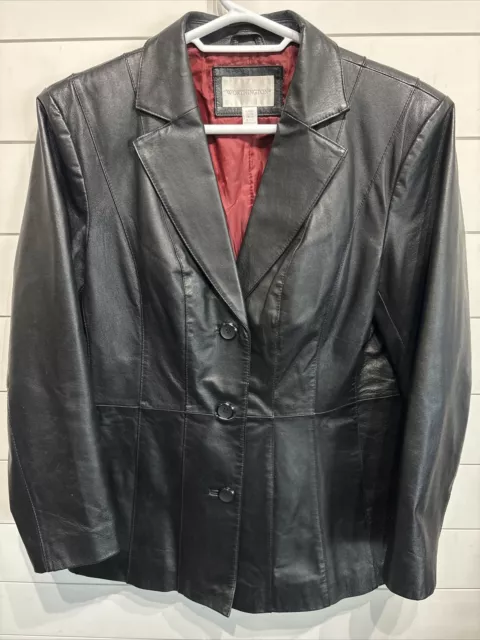 Worthington Genuine Lambskin Leather Long Coat Black Jacket Blazer Womens XL