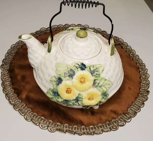 Antique Floral Art Pottery Tea KETTLE with  Metal Handle  - Made in Japan