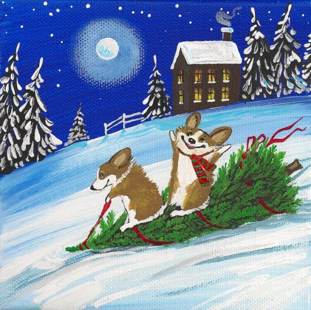 4x4 PRINT OF PAINTING FOLK ART RYTA PEMBROKE WELSH CORGI SNOWMAN Christmas house