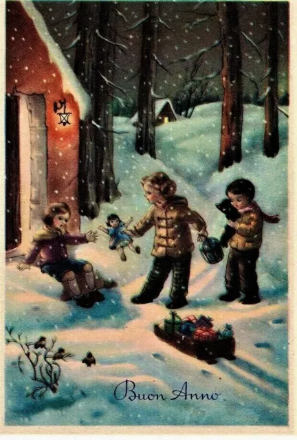 GINO BOCCASILE Non firmata Bambini Bambola Magica Atmosfera Buon Anno PC C 1949