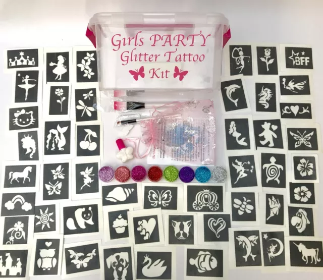 Girls PARTY GLITTER TATTOO KIT 158 stencils 8 glitters OR REFIL ITEMS drop menu