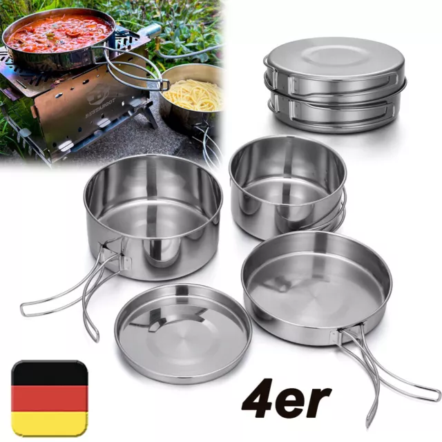 Koch Set 4 teilig Camping Küche Topf Pfanne Geschirr stapelbar Edelstahl Topfset