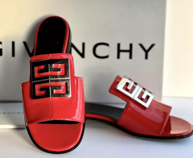Givenchy 4G Logo Patent Leather Flat Mules Sandals Red EU 38 /US 8 MSRP $695 3