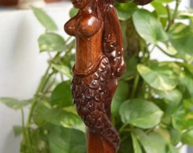 Canne de marche en forme de sirène sculptée en bois, faite à la main,...