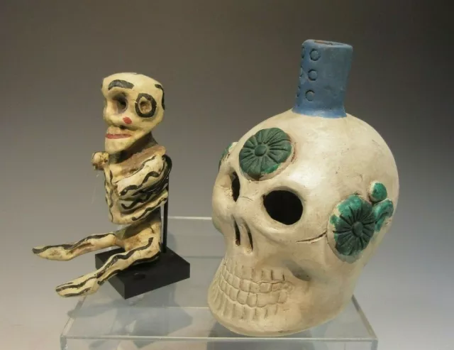 Mexican Day of the Dead Seated Figurine & Skull Candle Holder Folk Art 3