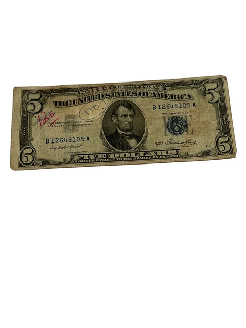 1953 A  Five Dollar Bill Silver Certificate Blue Seal B12645105A