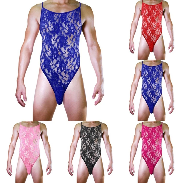 Mens Leotard Sexy Breathable Lace Bodysuit Convex Pouch Slim Underwear Nightclub