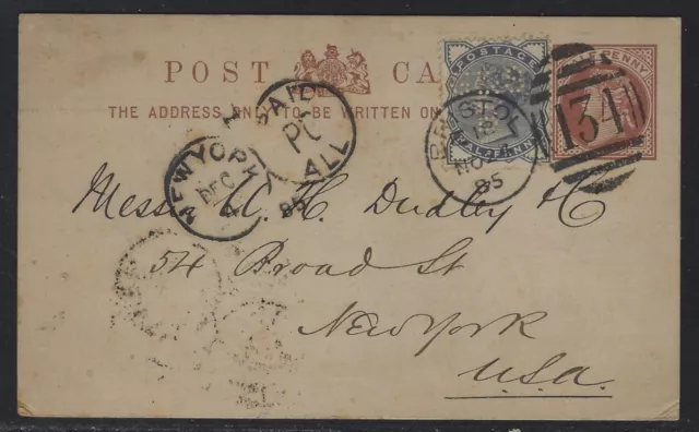 1885 GB QV Postal Card Uprated to U.S.A. with ½d Prefin - "G&S/B" - Gedye & Sons