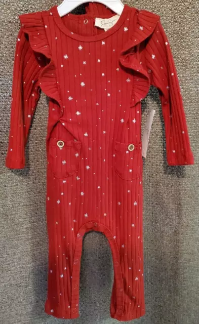 Jessica Simpson Baby Girl Red w/Silver Star Pattern Coverall w/Headband 6/9M NWT